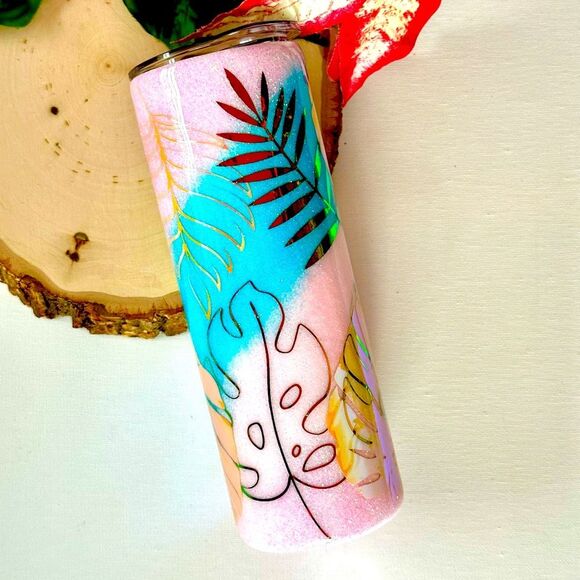 NWOT Palm Fronds Stainless Steel Tumbler Sz 20 oz Pink/Blue and iridescent - Picture 2 of 3